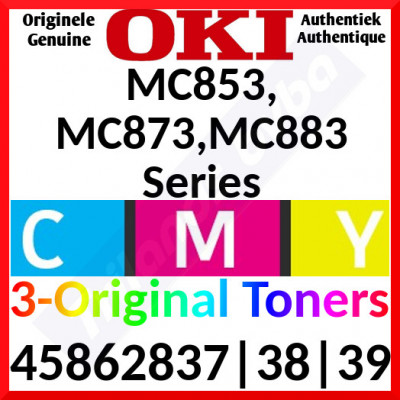 Oki 45862837 Yellow / 45862838 Magenta / 45862839 Cyan (3-Toner CMY Bundle) Original Toner Cartridges (3 X 7300 Pages)
